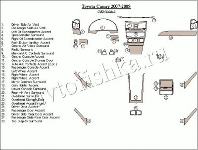 Декоративные накладки салона Toyota Camry 2007-2010 полный набор, с OEM деревом, без навигации